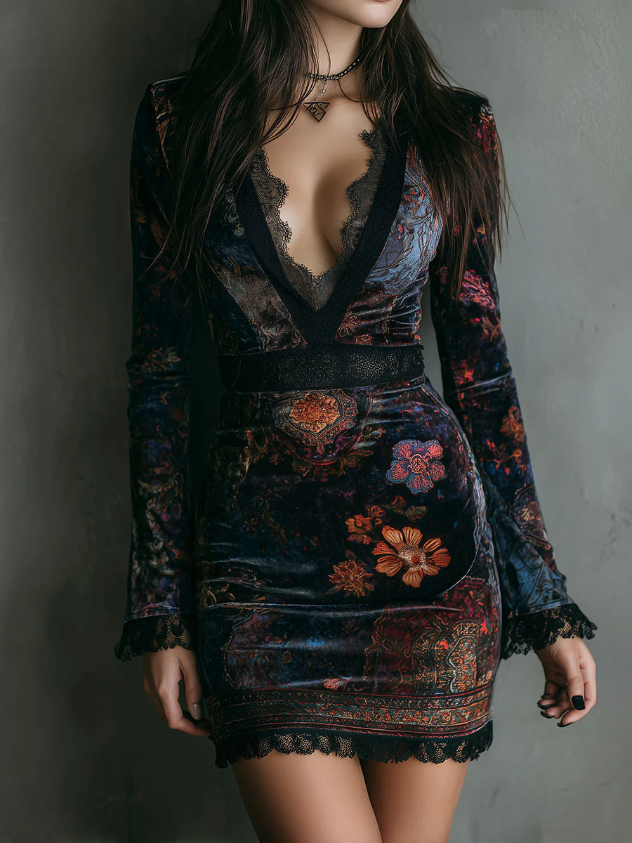 Liora | Velvet Lace Floral Mini Dress