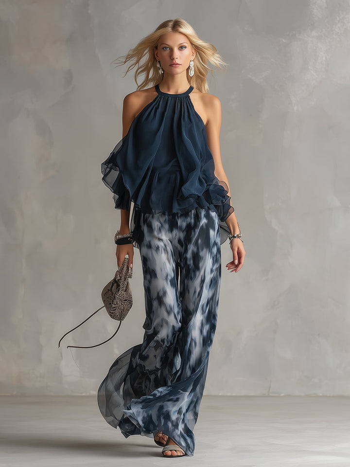 Ludovica | Navy Halter Printed Wide-Leg Set