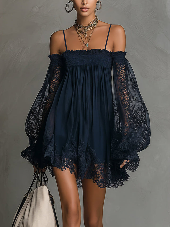 Betty | Navy Off-Shoulder Chiffon Mini Dress