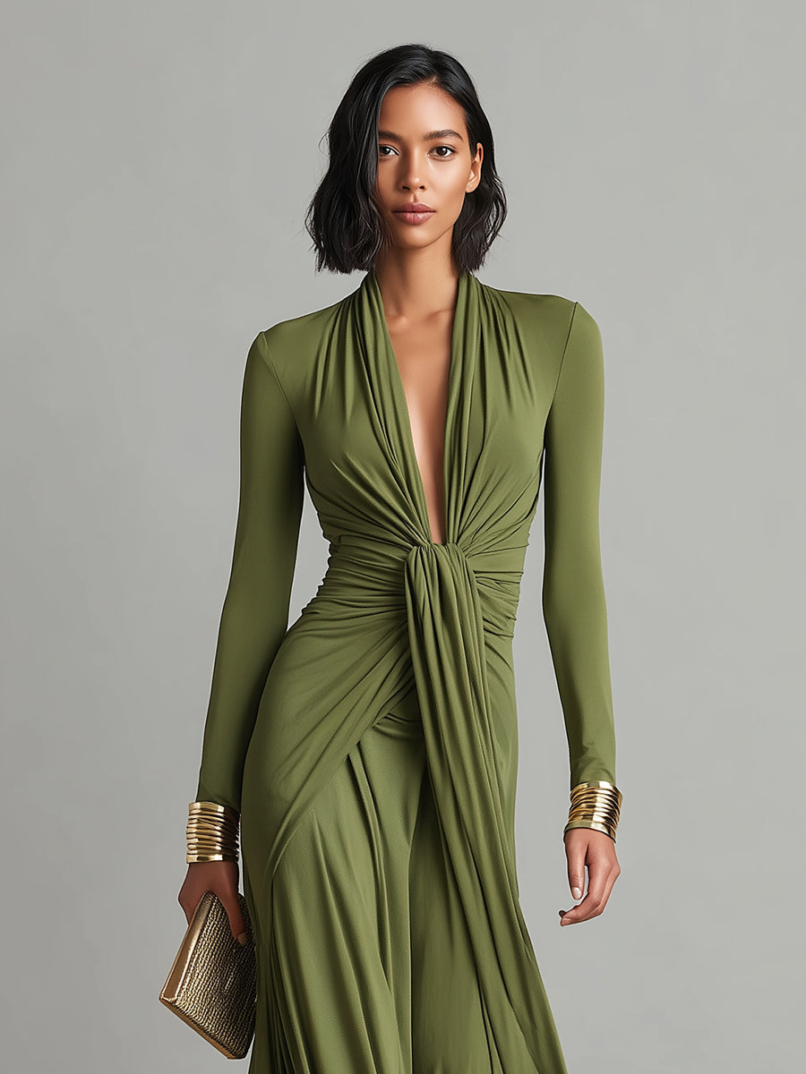 Olive Green Long Dress in Stretch Silk with Deep V-Neck and Ruffled Details, Glamour Maxi Dress