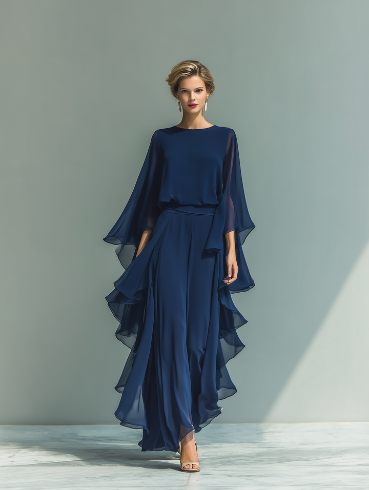 Navy Blue Chiffon Top Set with Flared Sleeves and Straight Leg Pants with Ruché Details