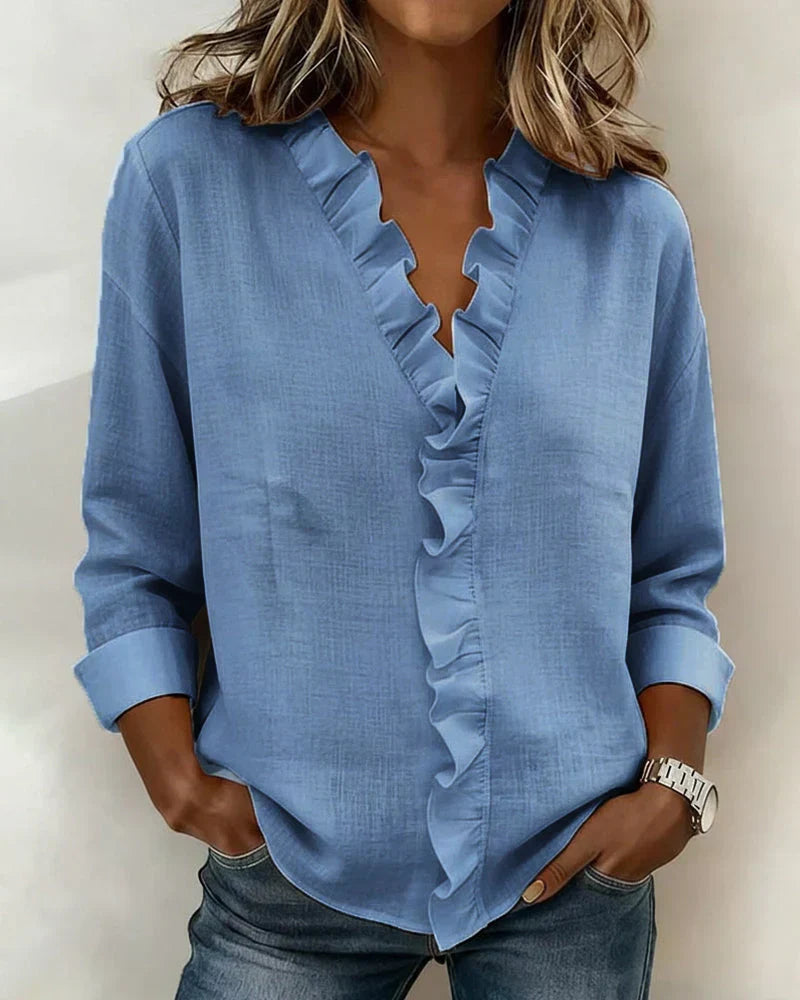 Audrey | Blouse with Ruffles, V-Neck and Long Sleeves