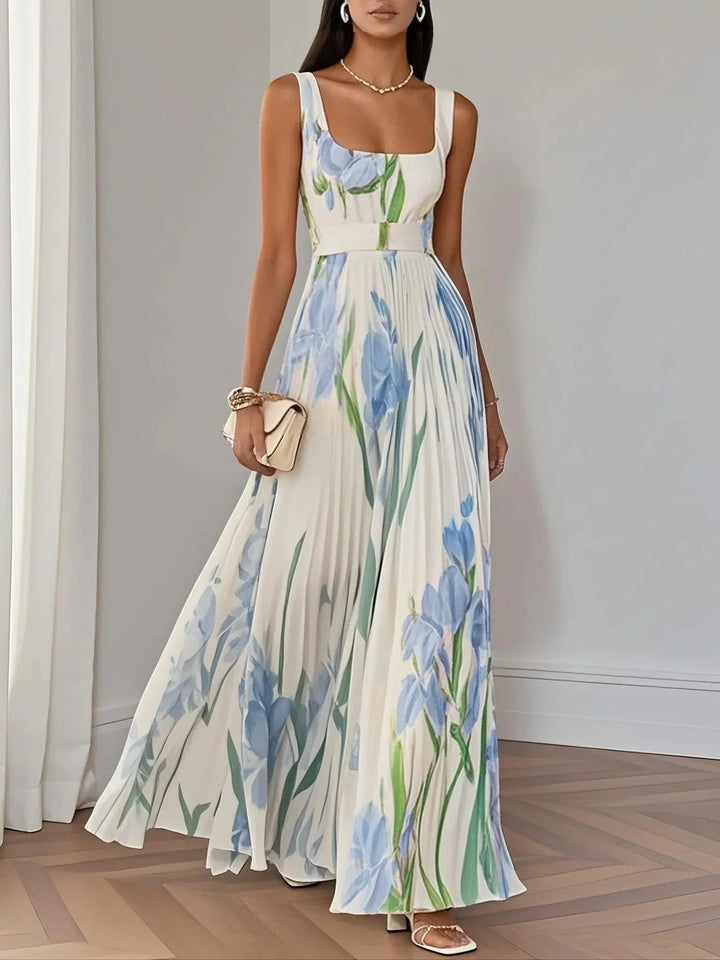 Marie | White Pleated Floral Chiffon Maxi Dress