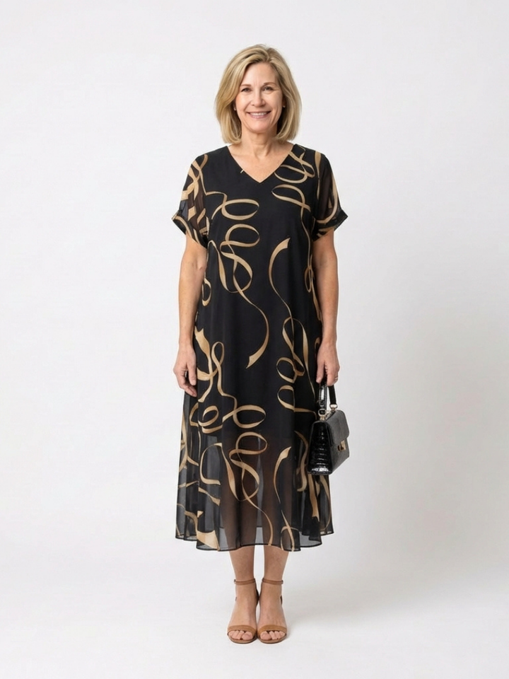 Marisa | V-Neck Short Sleeve Midi Dress Abstract Print