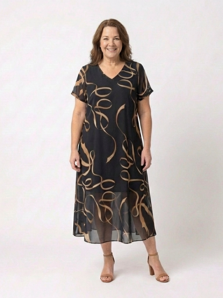 Marisa | V-Neck Short Sleeve Midi Dress Abstract Print