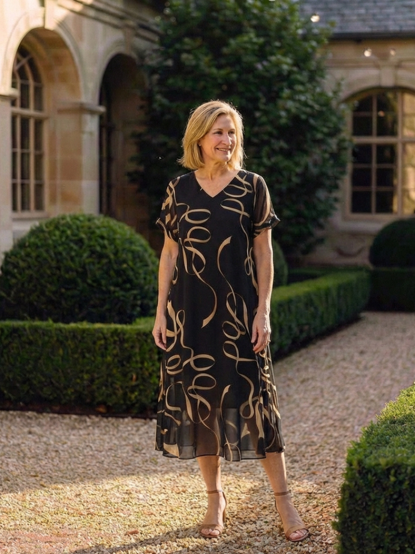 Marisa | V-Neck Short Sleeve Midi Dress Abstract Print