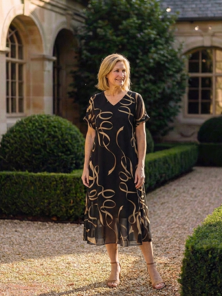 Marisa | V-Neck Short Sleeve Midi Dress Abstract Print