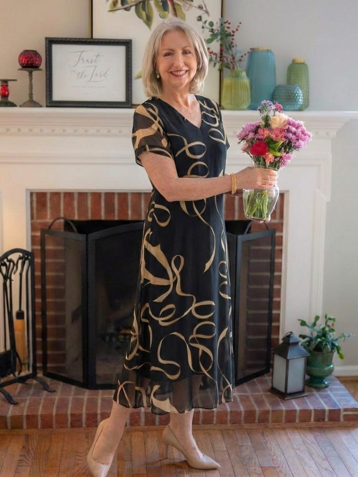 Marisa | V-Neck Short Sleeve Midi Dress Abstract Print