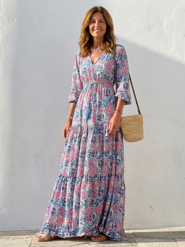 Isabella | Long Sleeve V-Neck Bohemian Maxi Dress