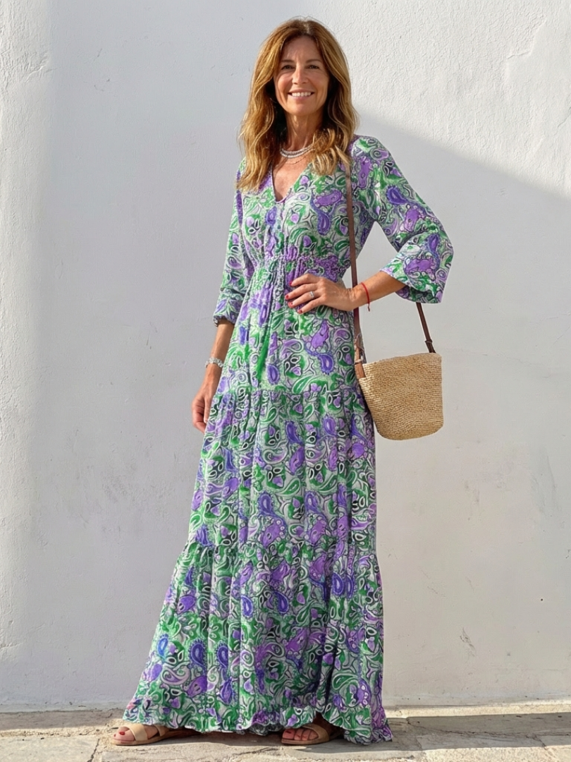 Isabella | Long Sleeve V-Neck Bohemian Maxi Dress
