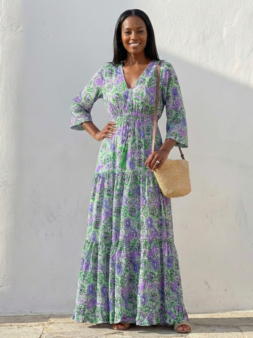 Isabella | Long Sleeve V-Neck Bohemian Maxi Dress