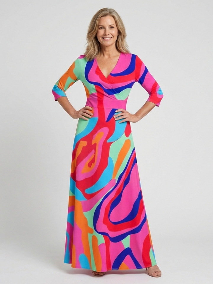 Naomi | Three Quarter Sleeve V-Neck Abstract Maxi Dress