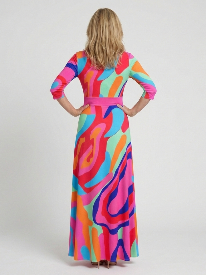 Naomi | Three Quarter Sleeve V-Neck Abstract Maxi Dress