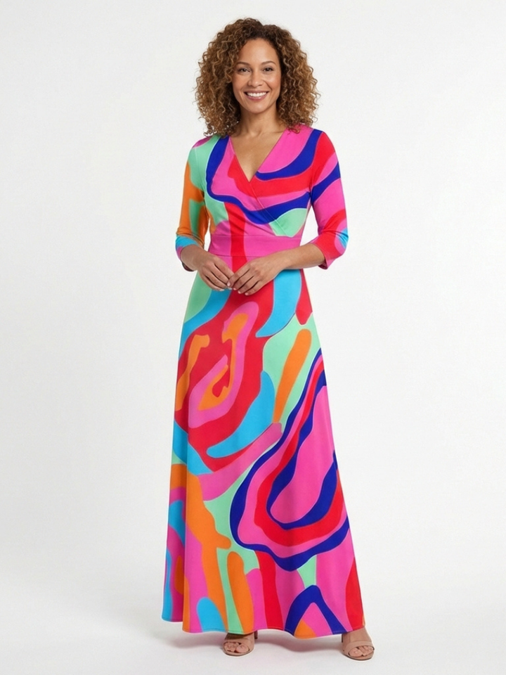 Naomi | Three Quarter Sleeve V-Neck Abstract Maxi Dress