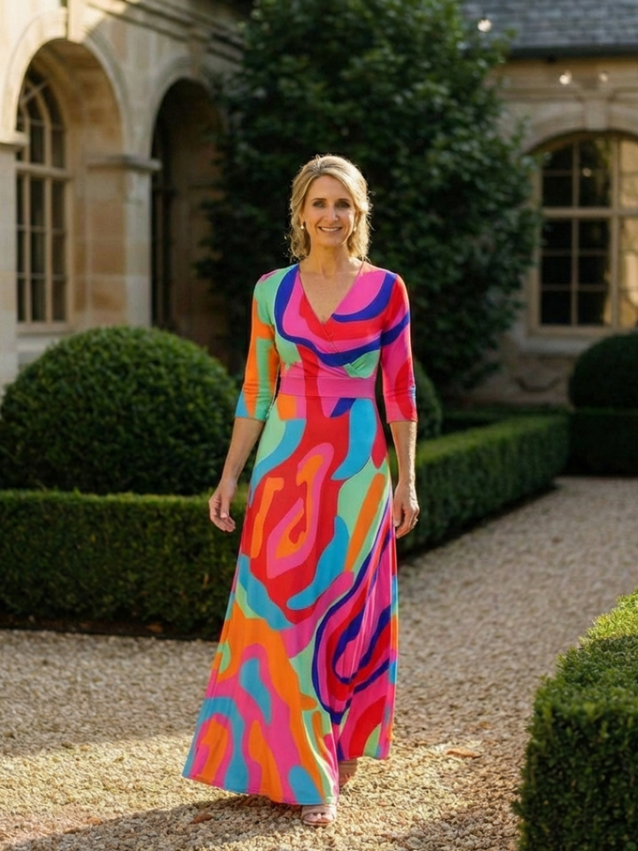 Naomi | Three Quarter Sleeve V-Neck Abstract Maxi Dress