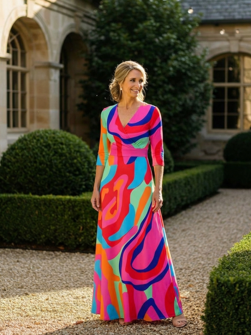 Naomi | Three Quarter Sleeve V-Neck Abstract Maxi Dress