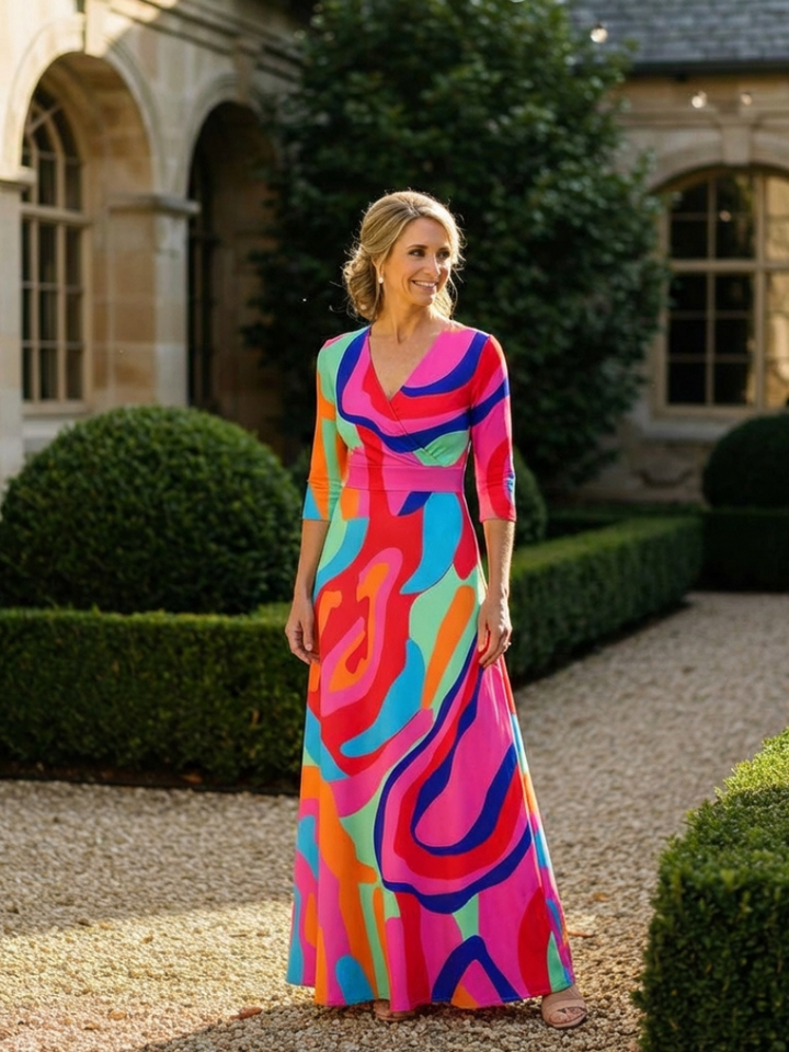 Naomi | Three Quarter Sleeve V-Neck Abstract Maxi Dress