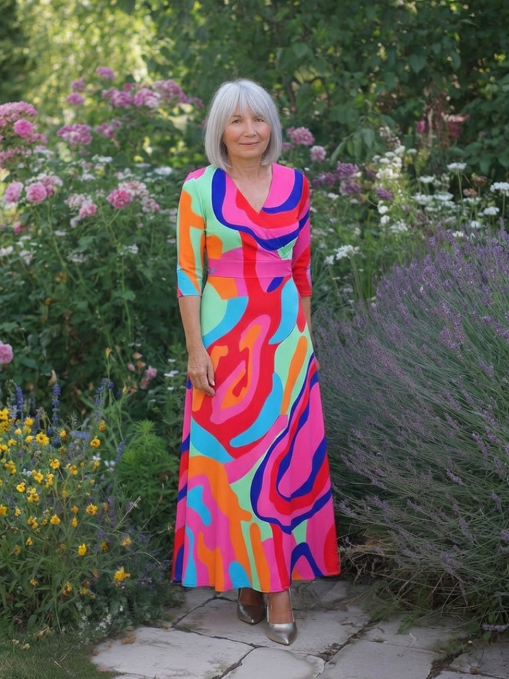 Naomi | Three Quarter Sleeve V-Neck Abstract Maxi Dress