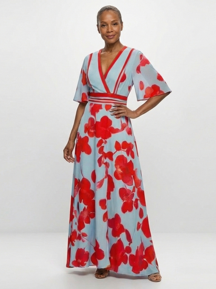 Bonnie | V-Neck Short Sleeve Floral Maxi Dress