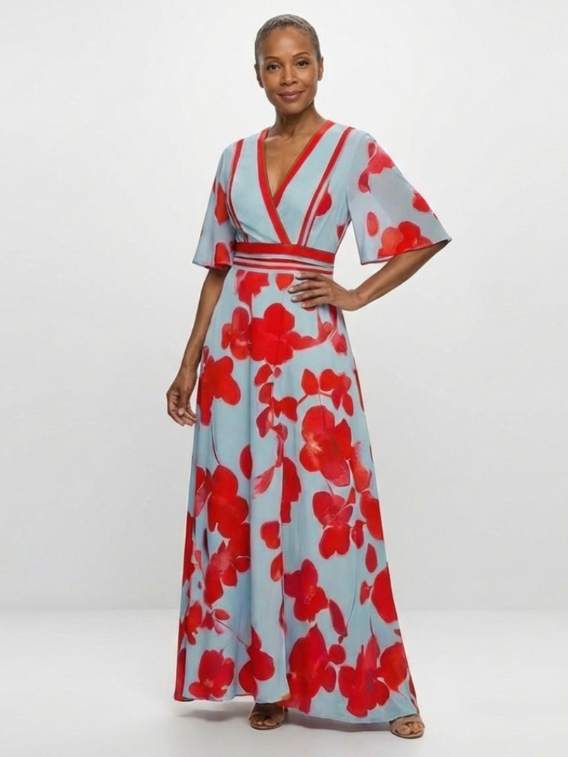 Corinne | V-Neck Short Sleeve Floral Maxi Dress