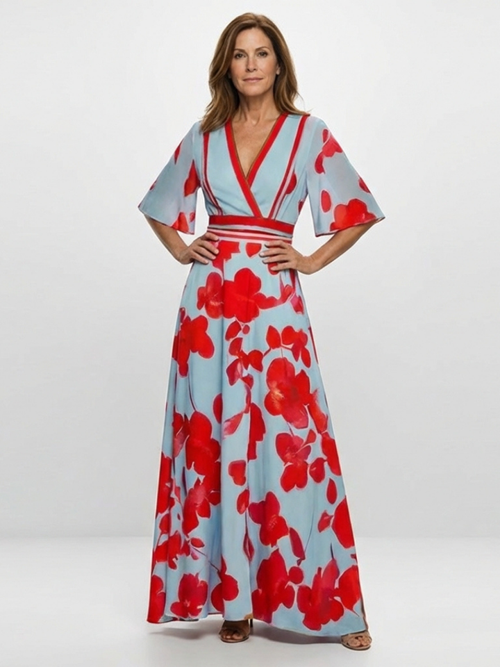 Bonnie | V-Neck Short Sleeve Floral Maxi Dress