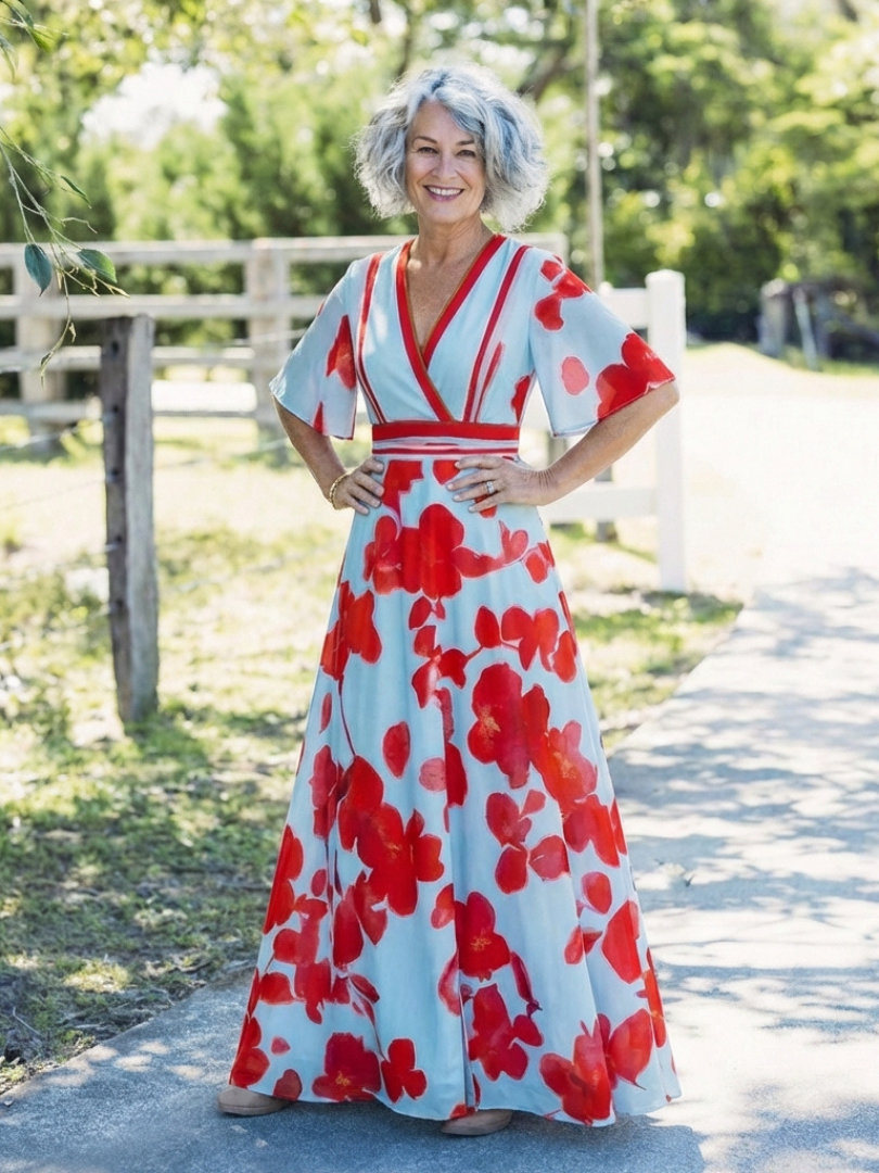 Corinne | V-Neck Short Sleeve Floral Maxi Dress