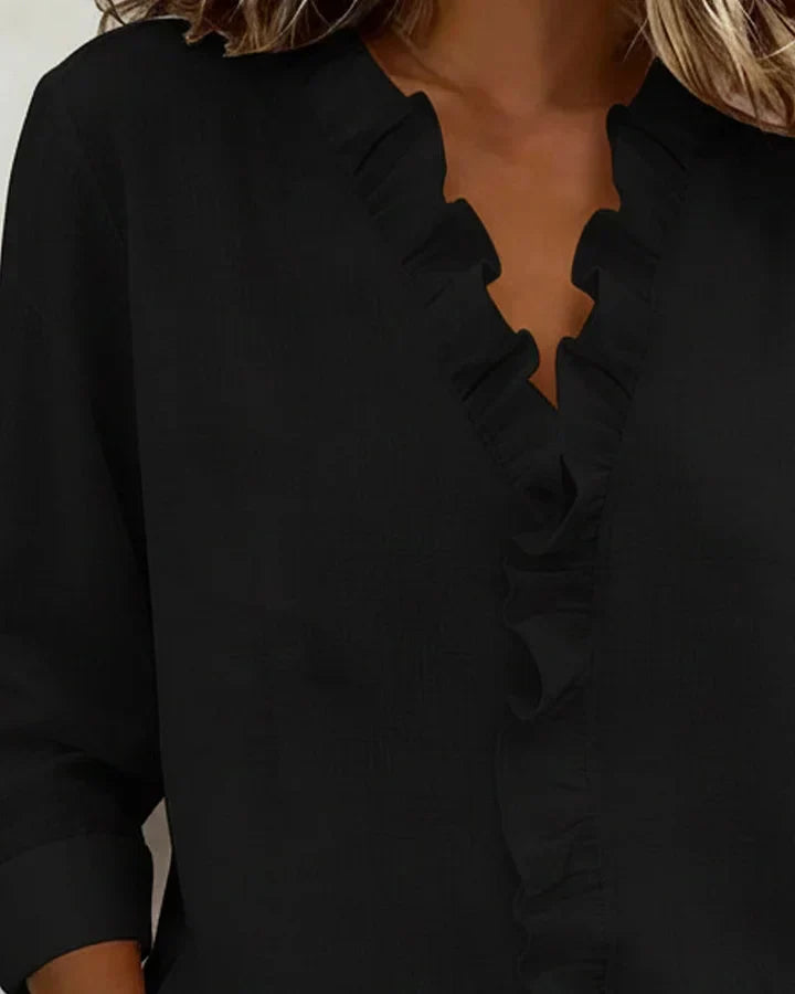 Audrey | Blouse with Ruffles, V-Neck and Long Sleeves