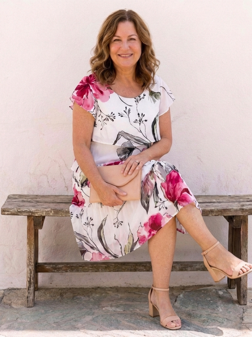 Eleanor | Short Sleeve Floral Layered Knee Length Dress