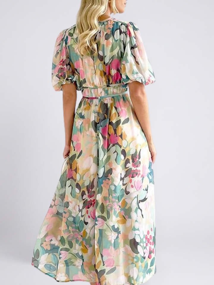 Eulalie | V-Neck Short Sleeve Gathered Waist Midi Dress