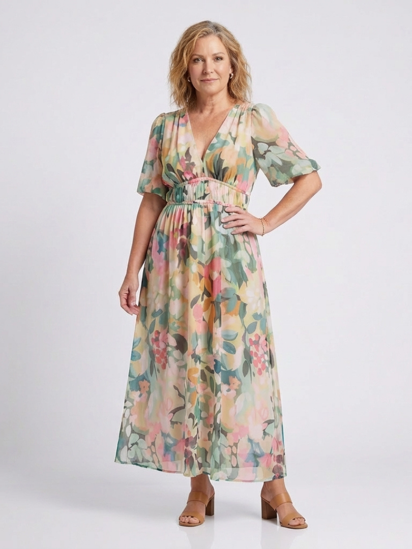 Eulalie | V-Neck Short Sleeve Gathered Waist Midi Dress