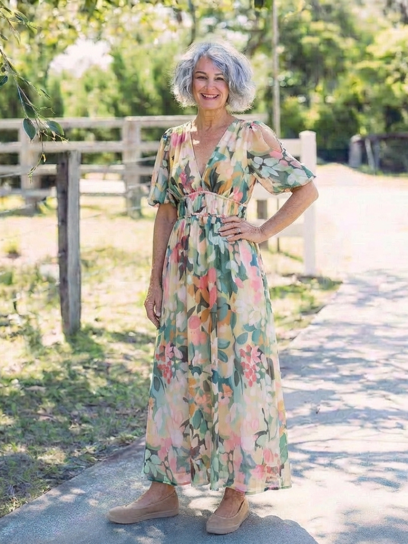 Eulalie | V-Neck Short Sleeve Gathered Waist Midi Dress