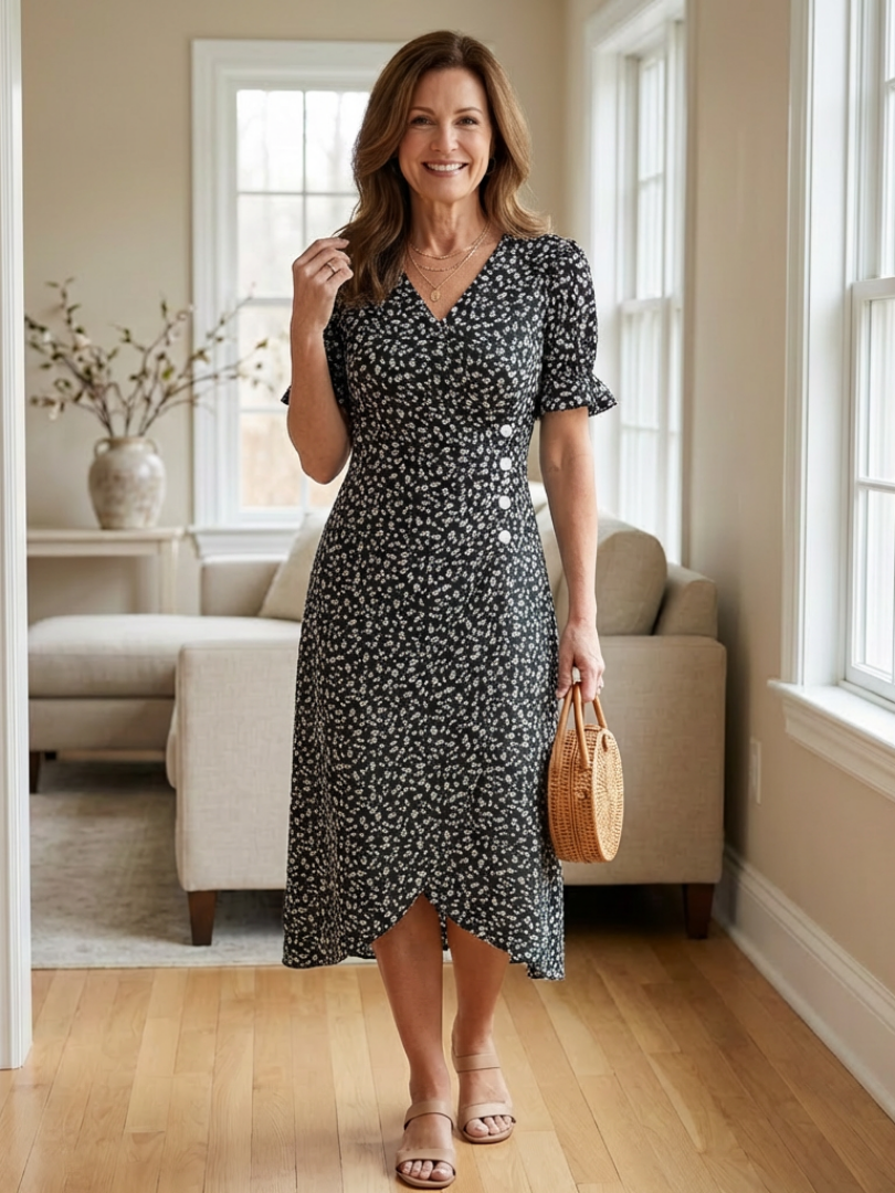 Margaret | Short Sleeve V-Neck Floral Midi Dress