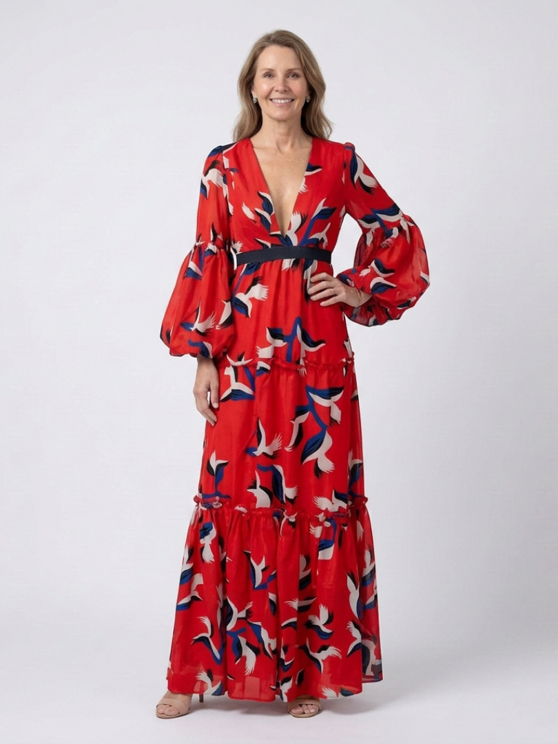 Isolde | V-Neck Tie Waist Long Sleeve Maxi Dress