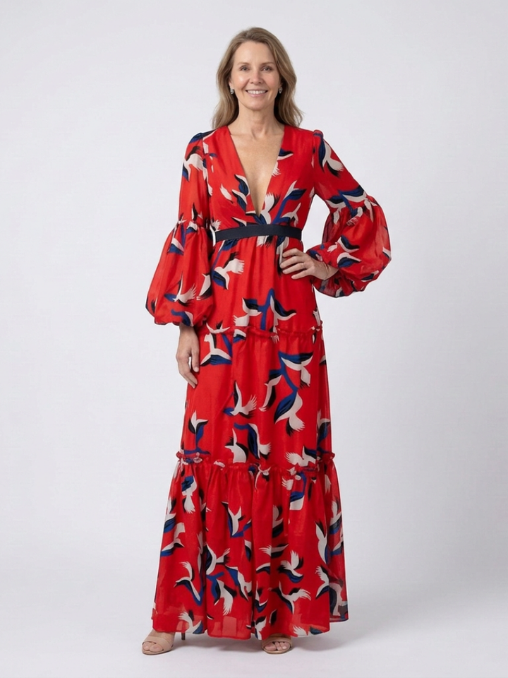 Isolde | V-Neck Tie Waist Long Sleeve Maxi Dress