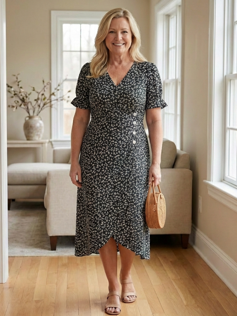 Margaret | Short Sleeve V-Neck Floral Midi Dress