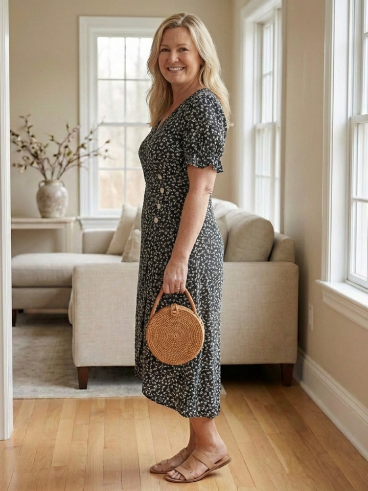 Margaret | Short Sleeve V-Neck Floral Midi Dress