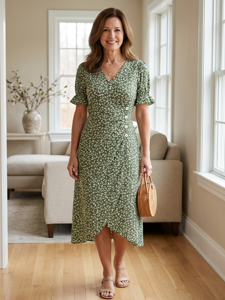 Margaret | Short Sleeve V-Neck Floral Midi Dress