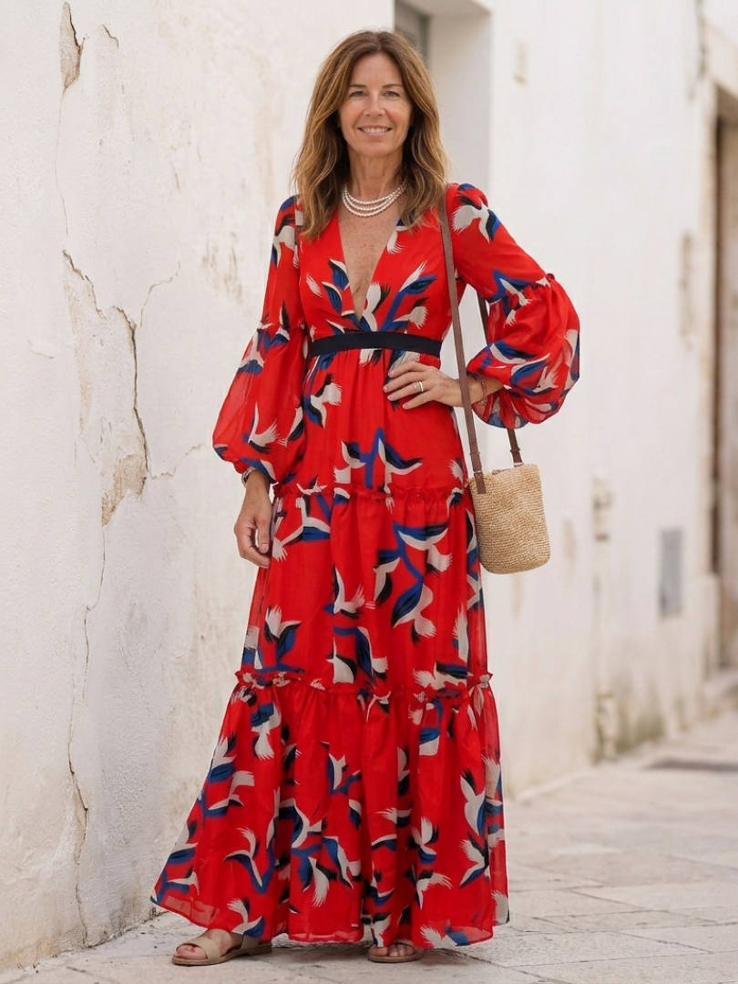 Isolde | V-Neck Tie Waist Long Sleeve Maxi Dress