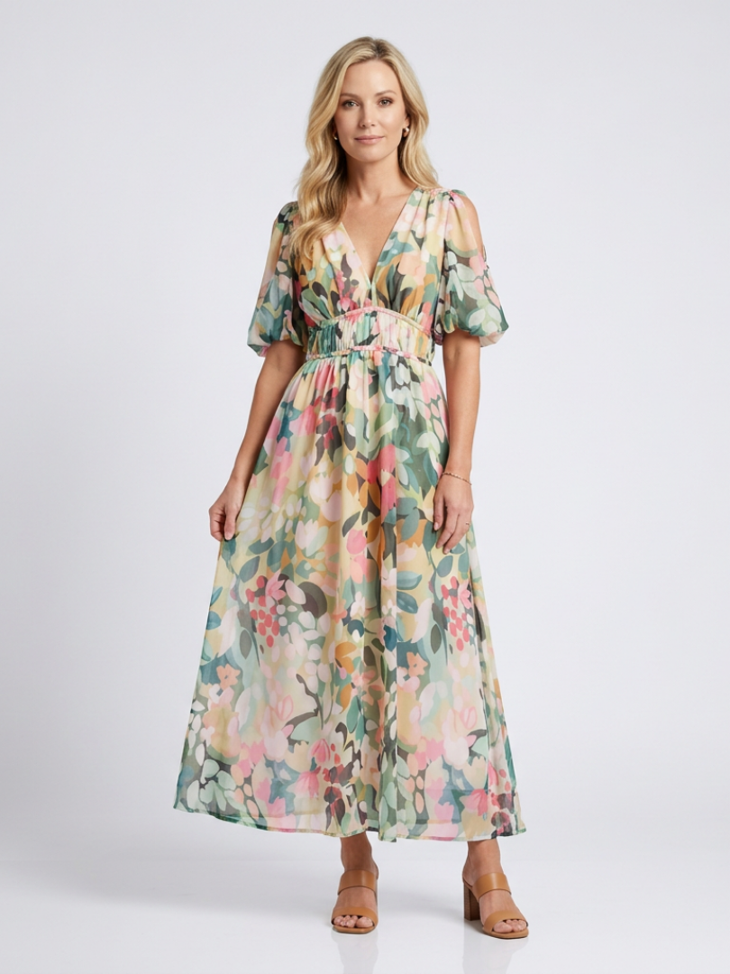 Eulalie | V-Neck Short Sleeve Gathered Waist Midi Dress