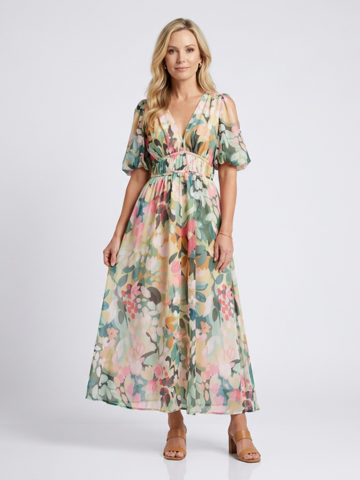 Eulalie | V-Neck Short Sleeve Gathered Waist Midi Dress