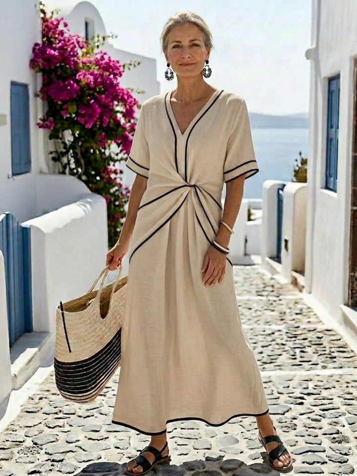 Linnea | V-Neck Short Sleeve Gathered Waist Midi Dress