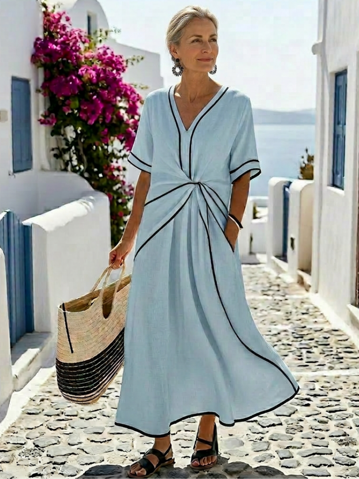 Linnea | V-Neck Short Sleeve Gathered Waist Midi Dress