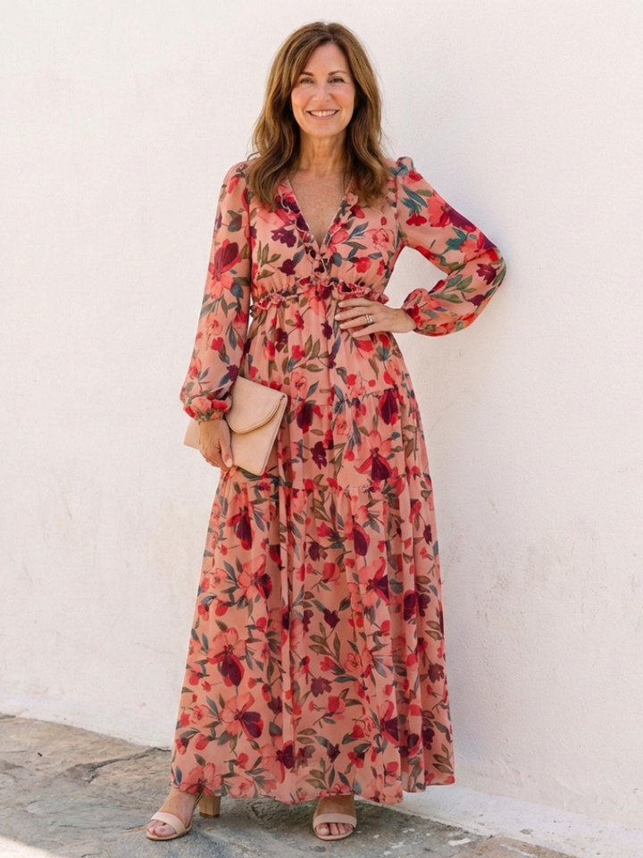 Elena | Long Sleeve V-Neck Floral Maxi Dress