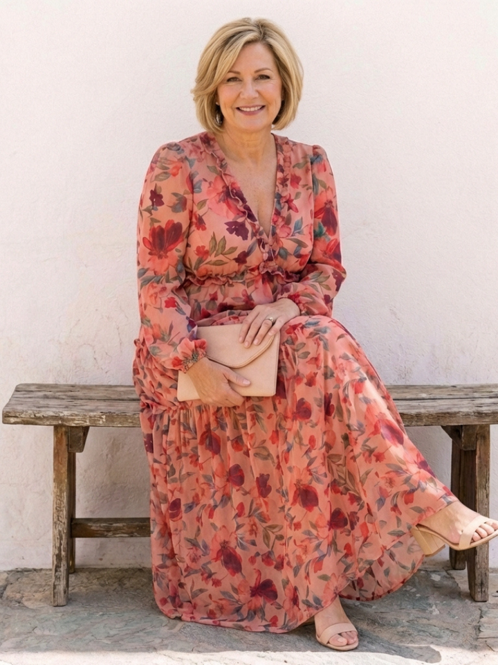 Elena | Long Sleeve V-Neck Floral Maxi Dress