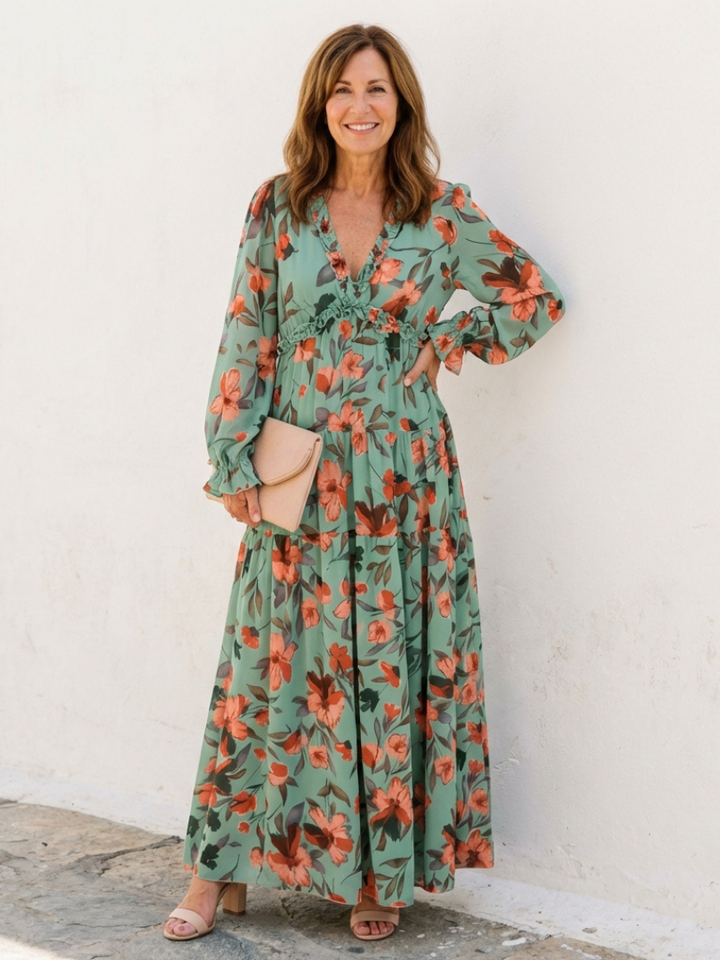 Elena | Long Sleeve V-Neck Floral Maxi Dress