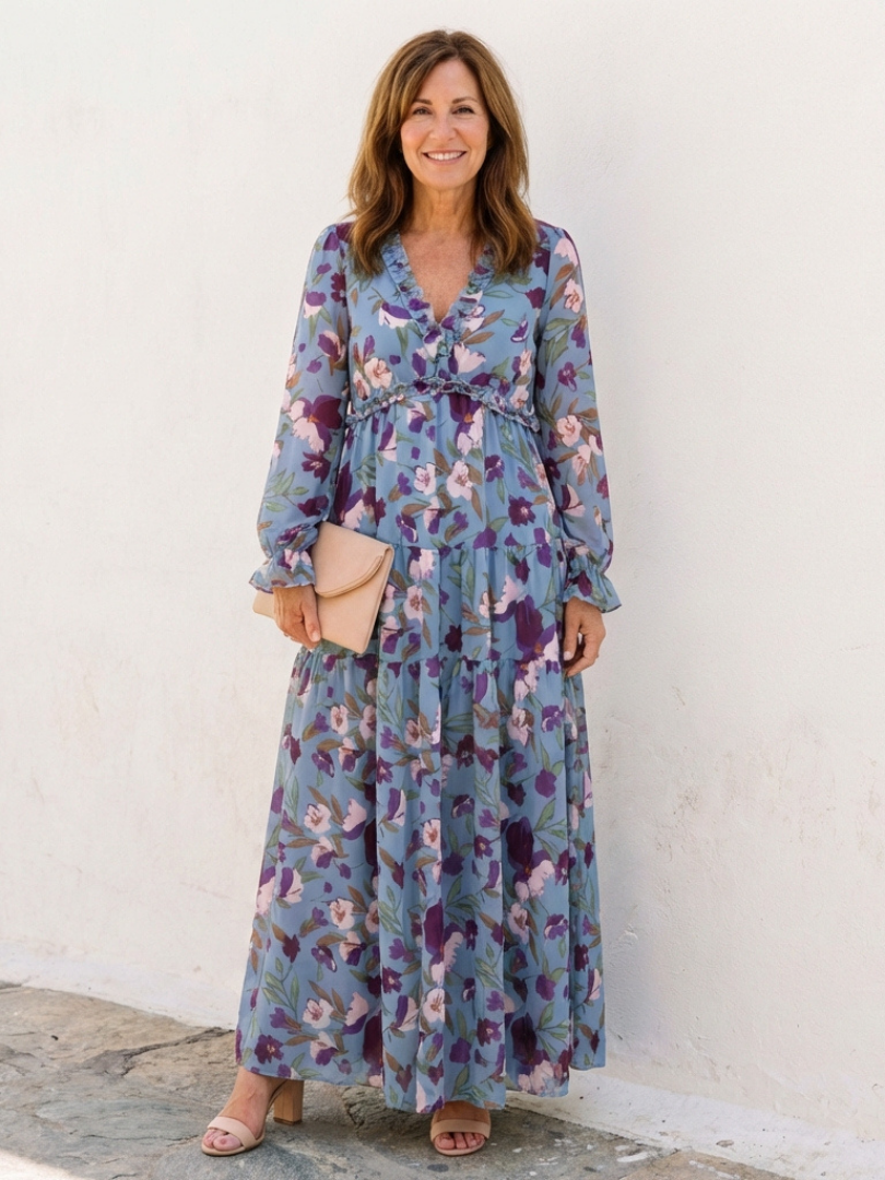 Elena | Long Sleeve V-Neck Floral Maxi Dress