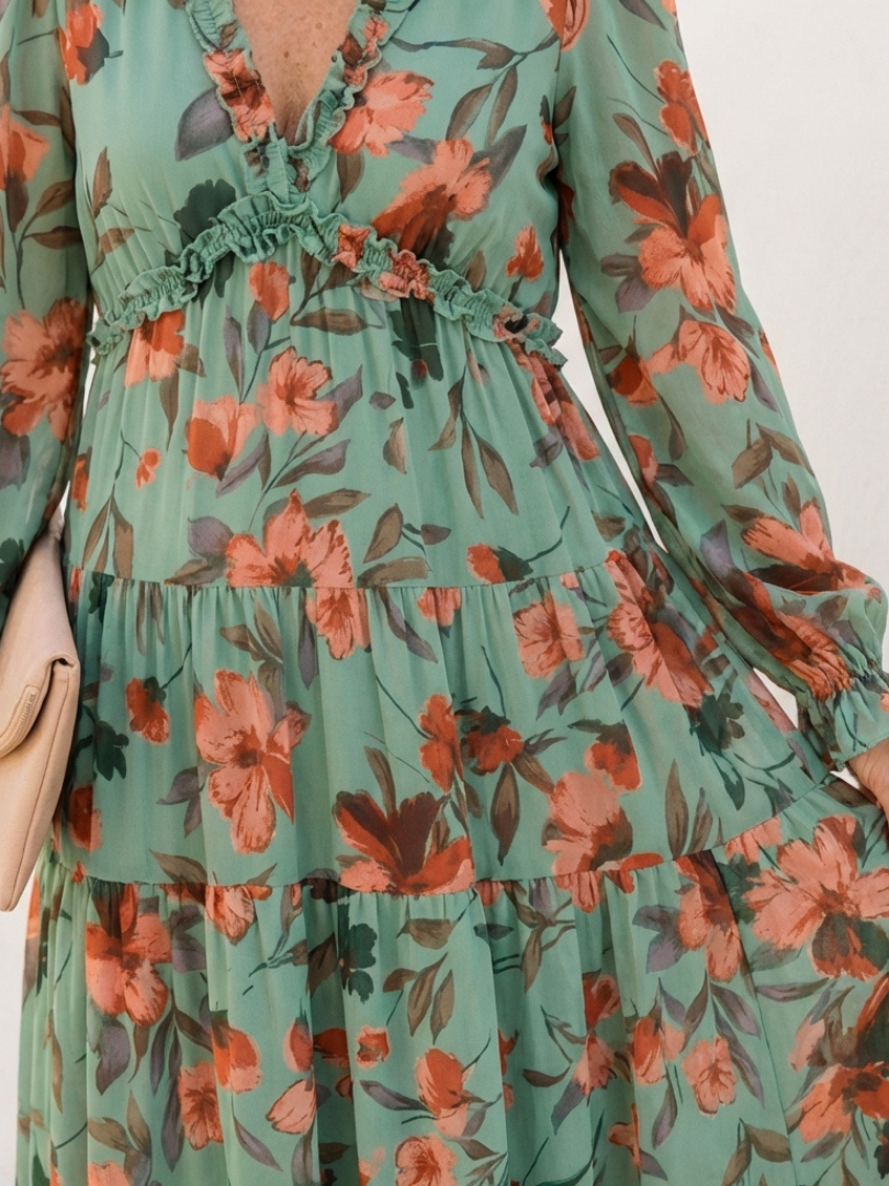 Elena | Long Sleeve V-Neck Floral Maxi Dress