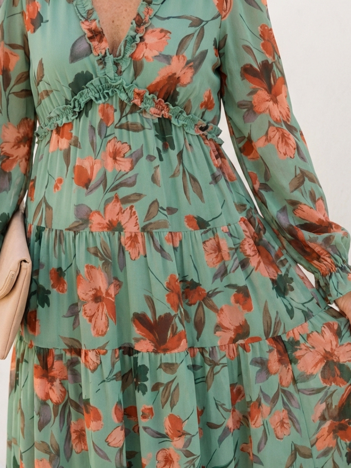 Elena | Long Sleeve V-Neck Floral Maxi Dress