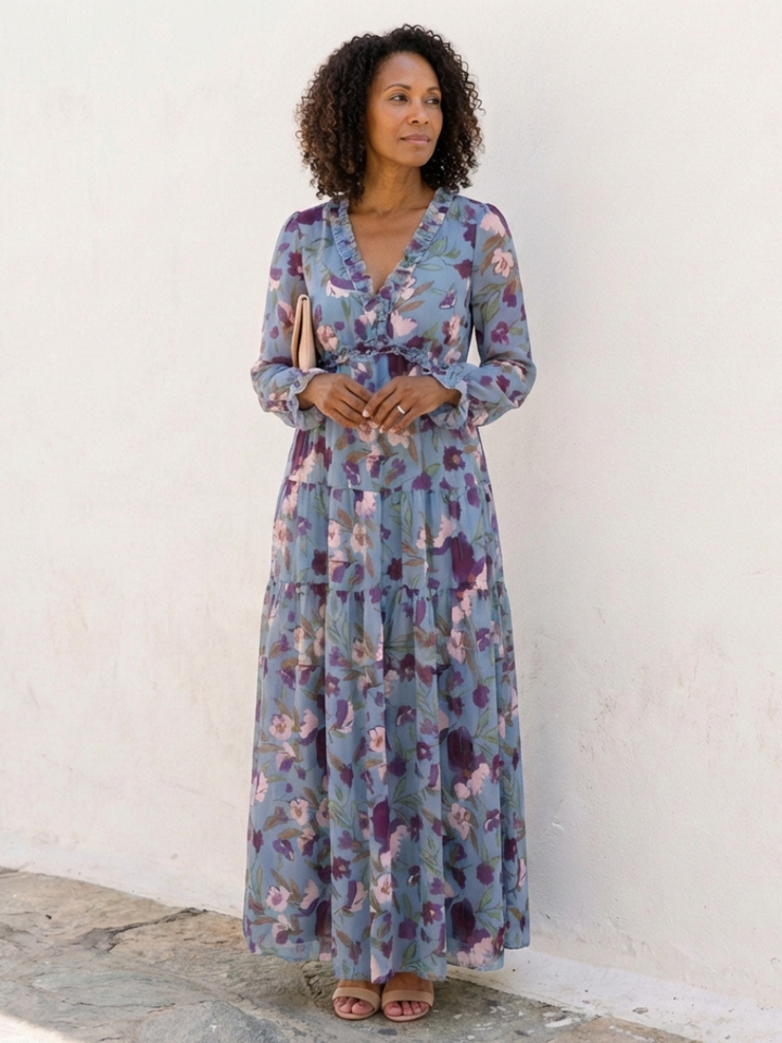 Elena | Long Sleeve V-Neck Floral Maxi Dress