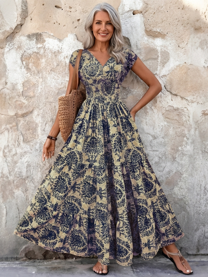 Vivienne | Cap Sleeve V-Neck Bohemian Maxi Dress